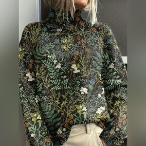 SHEIN Floral Botanical Art Print Knitted Turtleneck Pullover Sweater Top